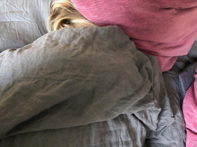 Bilden visar en persons hår under täcket i sängen